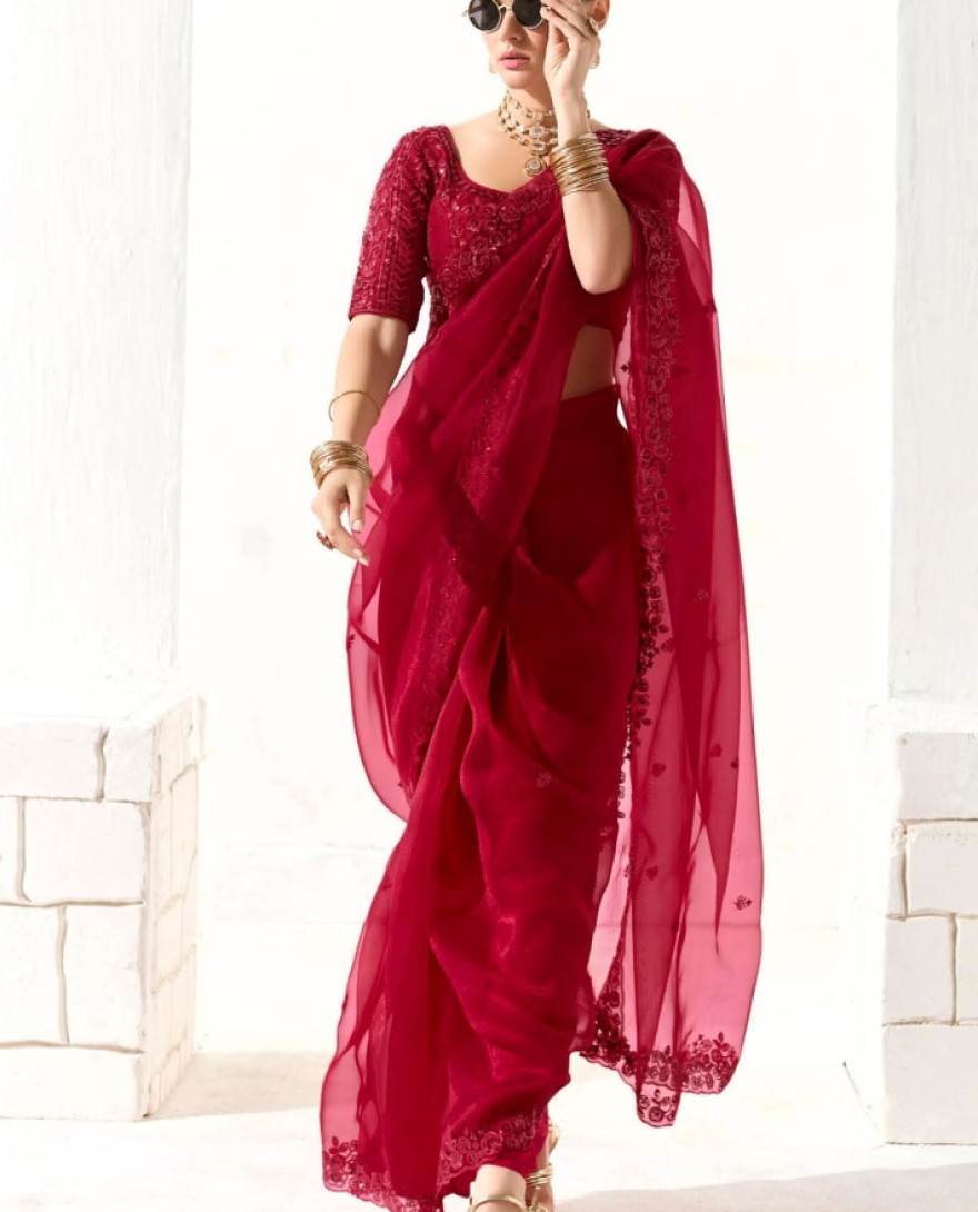 2222 - LOVELY RED SEQUINS WORK TISSUE SILK BRIDAL WEAR SAREE WITH BLOUSE